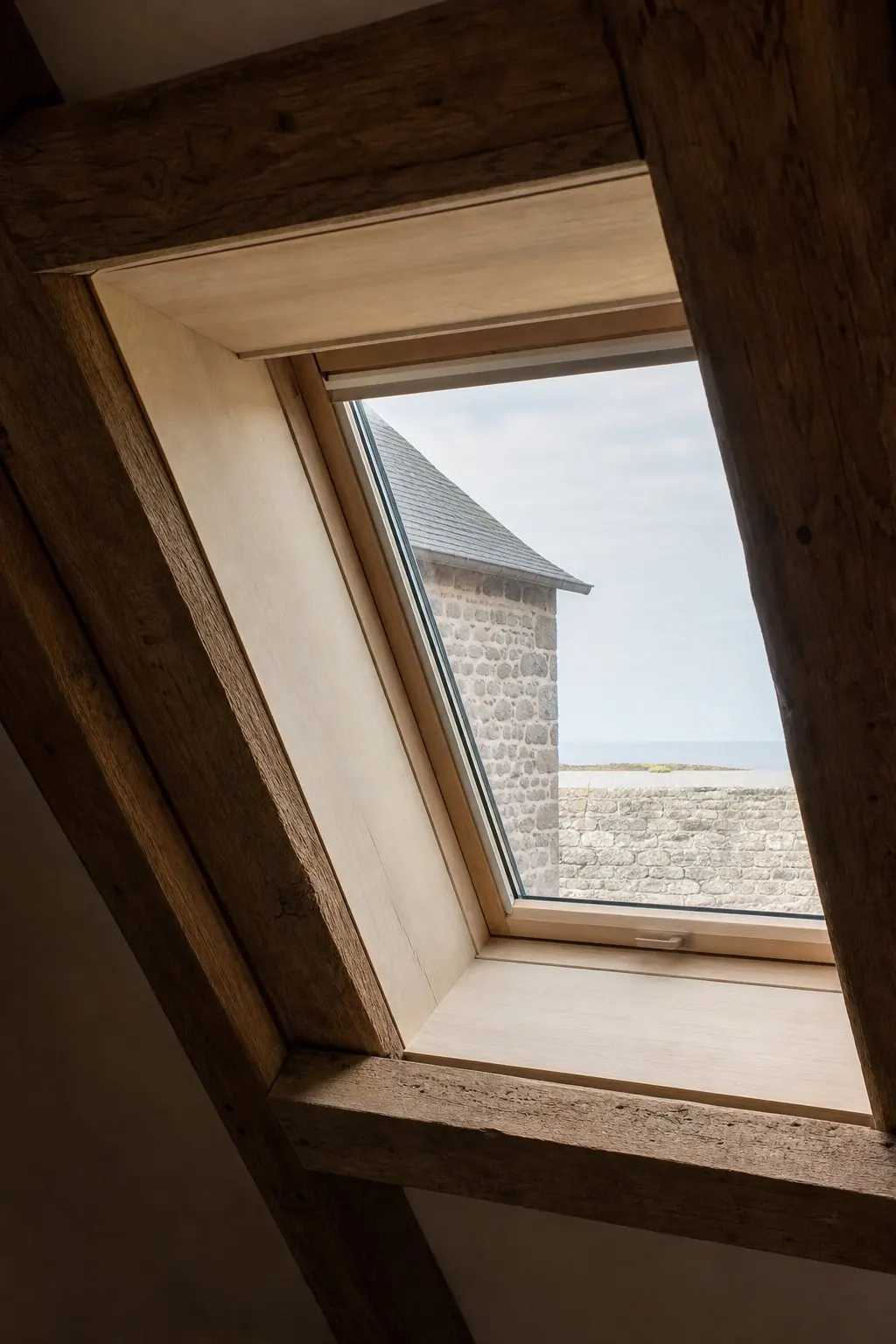 Vue depuis l'intérieur d'un comble vers une fenêtre de toit, ébrasement en bois clair encadré par la charpente de chêne, ciel de côte